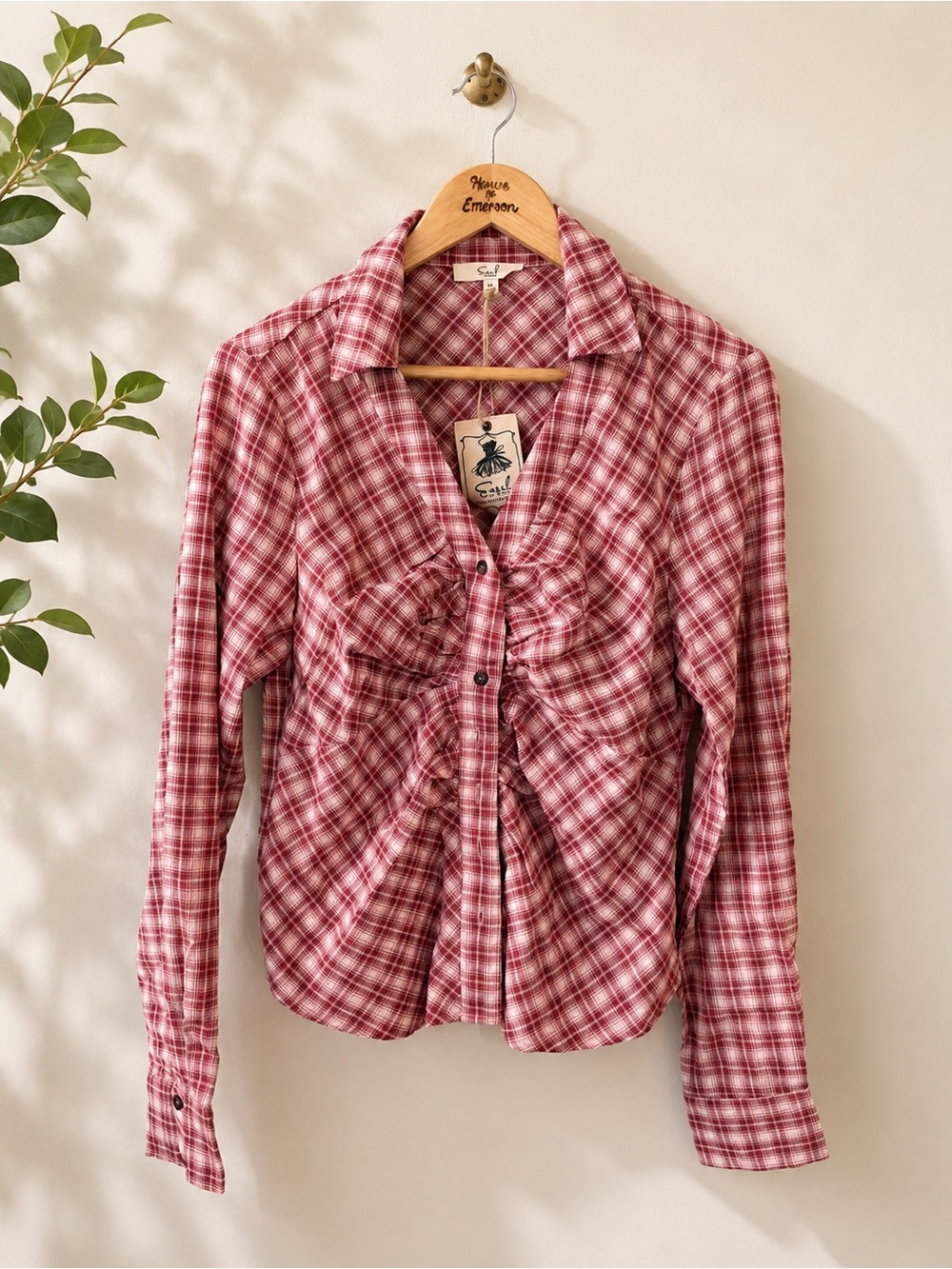 Easel Plaid Gathered Button Down Shirt Size M NWT